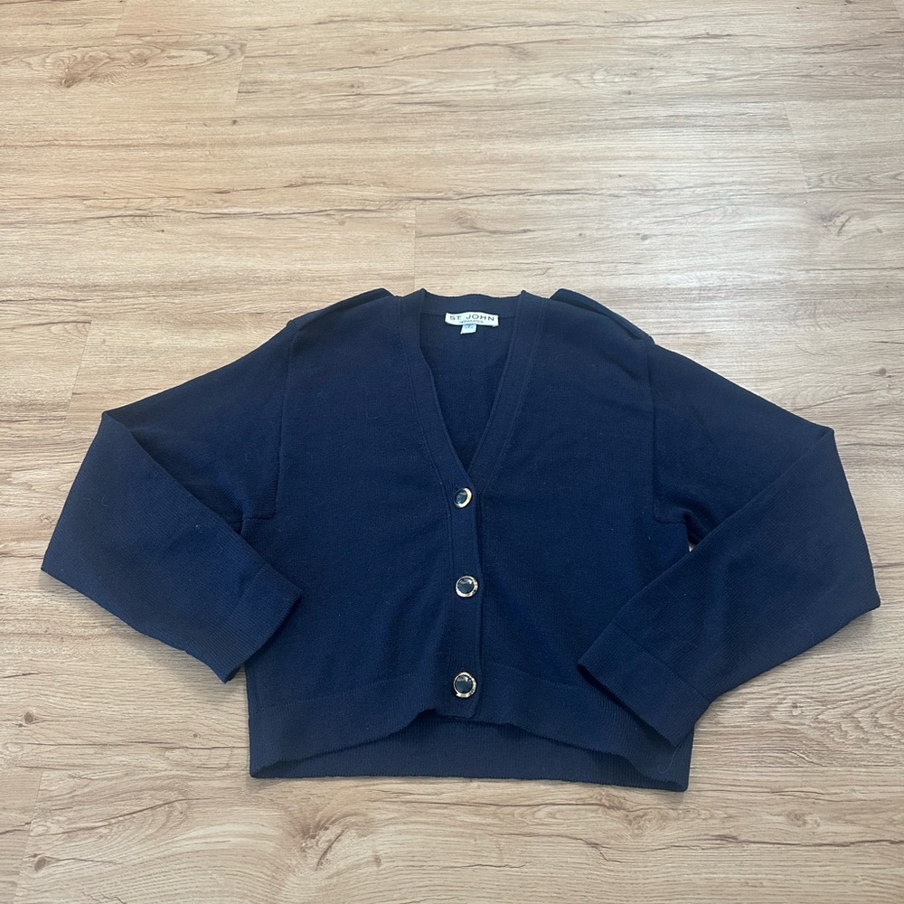 St John Separates Navy Blue Knit Cardigan Sweater Gold Button Womens large